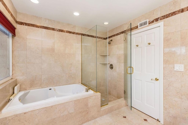 4400 Chaumont Rd, Woodland Hills, CA 91364 - bathroom featuring tile walls, a stall shower, a garden tub, tile patterned floors, and recessed lighting