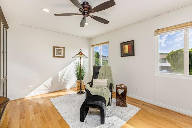 4400 Chaumont Rd, Woodland Hills, CA 91364 - sitting room featuring baseboards, recessed lighting, light wood-style flooring, a ceiling fan, and ornamental molding