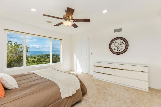 4400 Chaumont Rd, Woodland Hills, CA 91364 - bedroom featuring light carpet, crown molding, recessed lighting, a ceiling fan, and baseboards