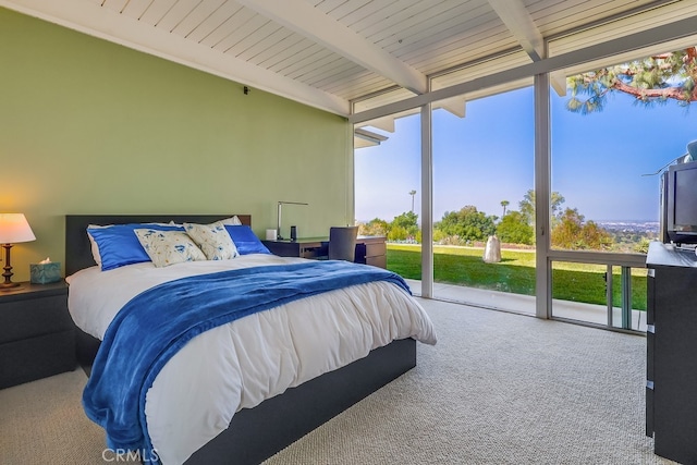 27649 Palos Verdes Dr E, Rancho Palos Verdes, CA 90275 - bedroom featuring expansive windows, carpet flooring, multiple windows, beam ceiling, and access to outside