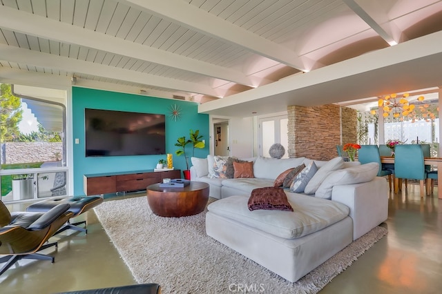 27649 Palos Verdes Dr E, Rancho Palos Verdes, CA 90275 - living area featuring healthy amount of natural light, finished concrete floors, a chandelier, and beam ceiling