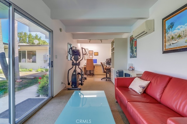 27649 Palos Verdes Dr E, Rancho Palos Verdes, CA 90275 - carpeted living area with a wall mounted AC, an office area, beam ceiling, and track lighting