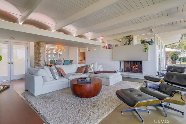 27649 Palos Verdes Dr E, Rancho Palos Verdes, CA 90275 - living area featuring french doors, beam ceiling, and a fireplace