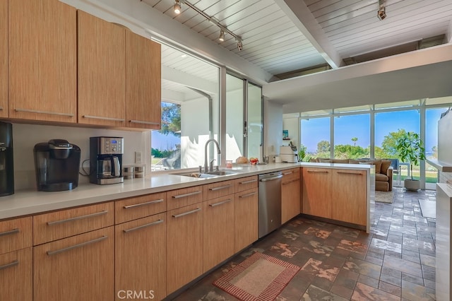 27649 Palos Verdes Dr E, Rancho Palos Verdes, CA 90275 - kitchen featuring stainless steel dishwasher, a sink, light countertops, wood ceiling with exposed beams, and a peninsula