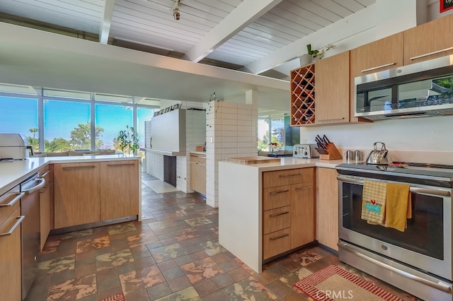 27649 Palos Verdes Dr E, Rancho Palos Verdes, CA 90275 - kitchen featuring appliances with stainless steel finishes, a peninsula, beamed ceiling, light countertops, and a fireplace