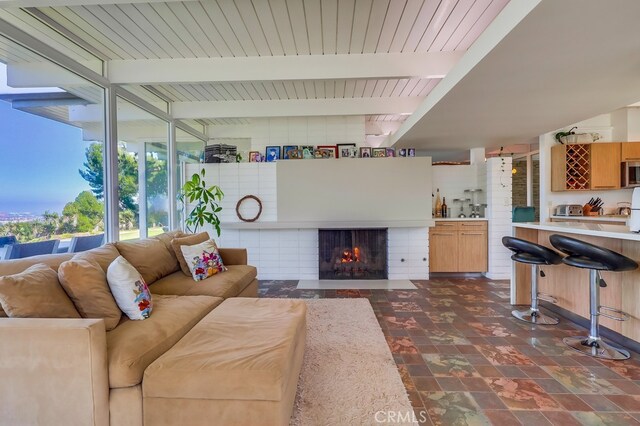 27649 Palos Verdes Dr E, Rancho Palos Verdes, CA 90275 - living room with a brick fireplace and beamed ceiling