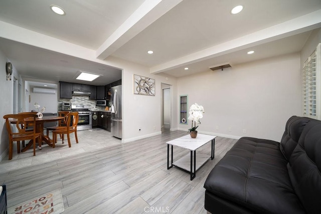 3603 W 144th Pl, Hawthorne, CA 90250 - living room featuring baseboards, beam ceiling, recessed lighting, and light wood-style flooring