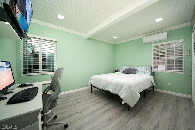 3603 W 144th Pl, Hawthorne, CA 90250 - bedroom featuring a wall unit AC, a desk, ornamental molding, wood finished floors, and baseboards