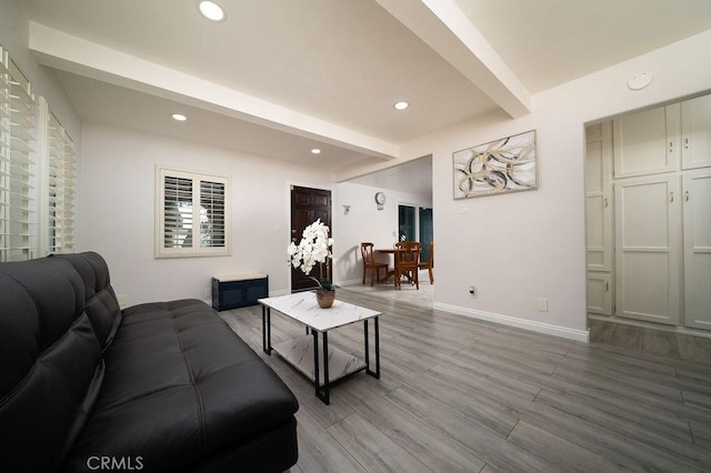 3603 W 144th Pl, Hawthorne, CA 90250 - living room with beam ceiling, wood finished floors, recessed lighting, and baseboards
