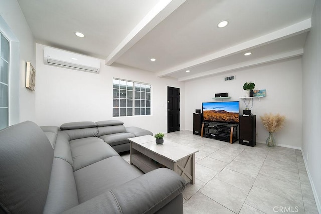 3603 W 144th Pl, Hawthorne, CA 90250 - living room featuring an AC wall unit, beamed ceiling, recessed lighting, light tile patterned floors, and baseboards