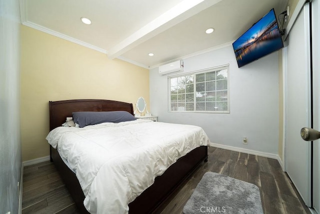 3603 W 144th Pl, Hawthorne, CA 90250 - bedroom with an AC wall unit, ornamental molding, wood finished floors, baseboards, and recessed lighting