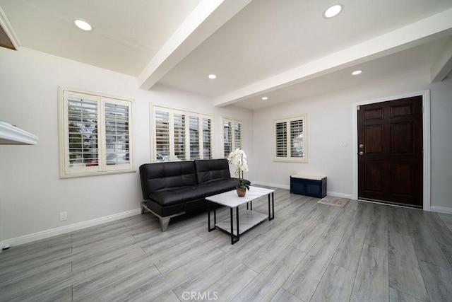 3603 W 144th Pl, Hawthorne, CA 90250 - living room featuring beam ceiling, baseboards, recessed lighting, and light wood finished floors