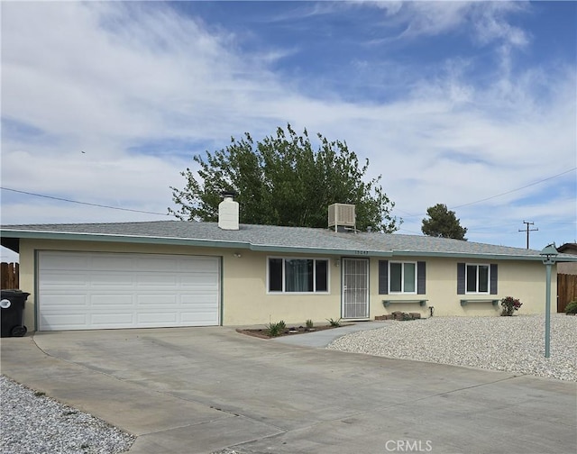 15043 S Culver Rd, Victorville, CA 92394 - single story home featuring concrete driveway, stucco siding, an attached garage, and a chimney