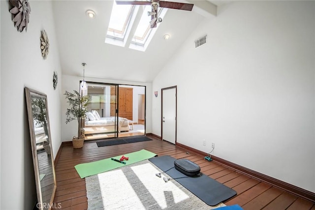 29111 Pompano Way, Laguna Niguel, CA 92677 - exercise room featuring high vaulted ceiling, a skylight, ceiling fan, and hardwood / wood-style flooring