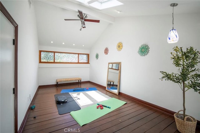 29111 Pompano Way, Laguna Niguel, CA 92677 - workout area with a skylight, wood finished floors, ceiling fan, and high vaulted ceiling