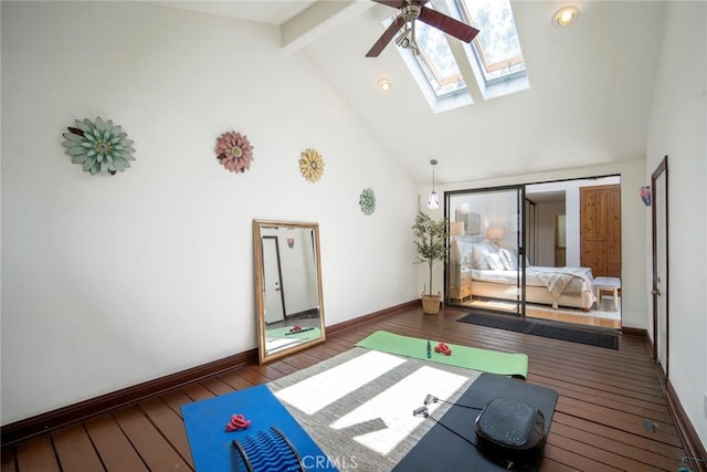 29111 Pompano Way, Laguna Niguel, CA 92677 - exercise area with hardwood / wood-style flooring, a skylight, high vaulted ceiling, and ceiling fan