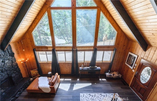 29148 Lyon Dr, Cedar Glen, CA 92321 - living room with wood ceiling, wood walls, and wood finished floors