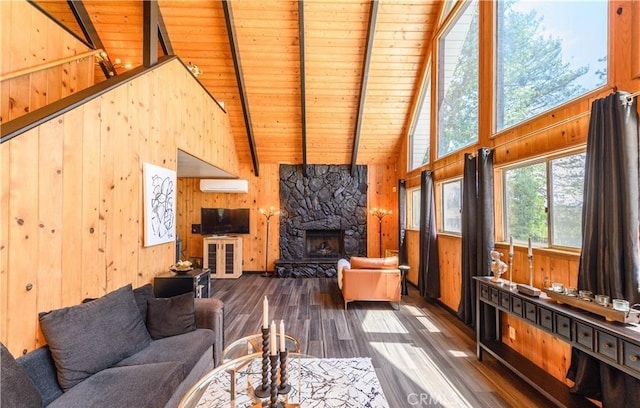 29148 Lyon Dr, Cedar Glen, CA 92321 - living area with wood finished floors, wood ceiling with exposed beams, wood walls, high vaulted ceiling, and a fireplace