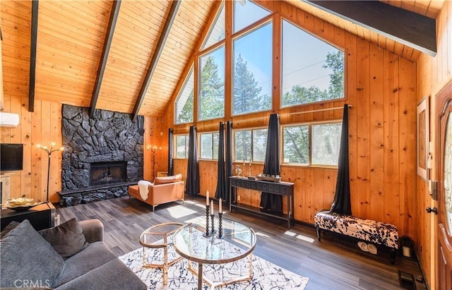 29148 Lyon Dr, Cedar Glen, CA 92321 - living area featuring wood ceiling with exposed beams, wood walls, a fireplace, high vaulted ceiling, and wood finished floors