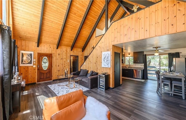 29148 Lyon Dr, Cedar Glen, CA 92321 - living area featuring wooden walls, high vaulted ceiling, dark wood-style flooring, ceiling fan, and wooden ceiling with exposed beams