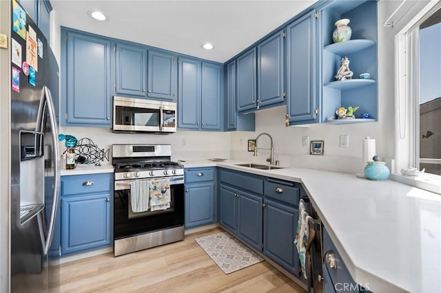 718 W 37th St Unit 4, San Pedro, CA 90731 - kitchen featuring appliances with stainless steel finishes, a sink, blue cabinets, recessed lighting, and open shelves