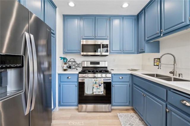 718 W 37th St Unit 4, San Pedro, CA 90731 - kitchen featuring appliances with stainless steel finishes, a sink, blue cabinets, light wood-style floors, and light countertops