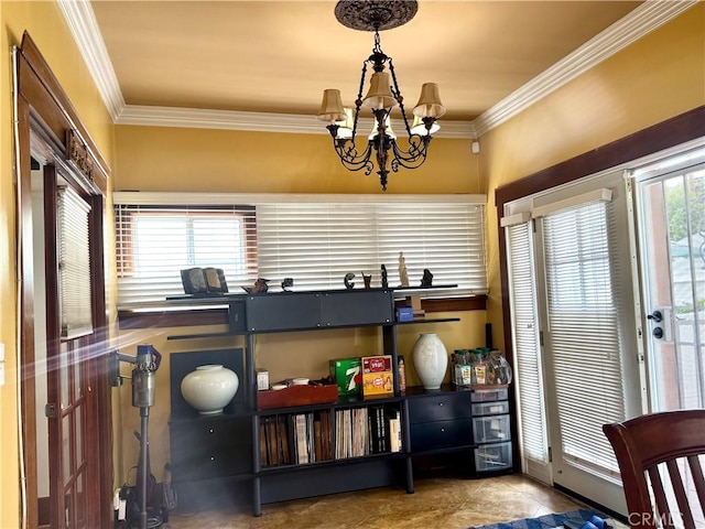 867 S Bronson Ave, Los Angeles, CA 90005 - bar area with a chandelier, ornamental molding, and tile patterned flooring