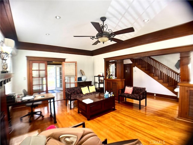 867 S Bronson Ave, Los Angeles, CA 90005 - living room featuring a ceiling fan, light wood-style flooring, stairs, ornamental molding, and recessed lighting