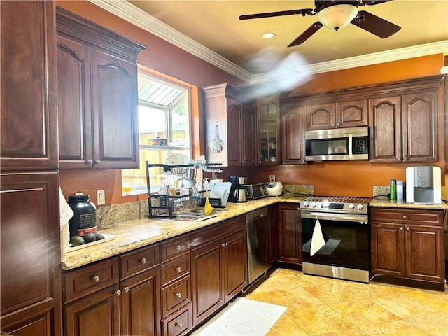 867 S Bronson Ave, Los Angeles, CA 90005 - kitchen with stainless steel appliances, a ceiling fan, ornamental molding, light stone counters, and a sink
