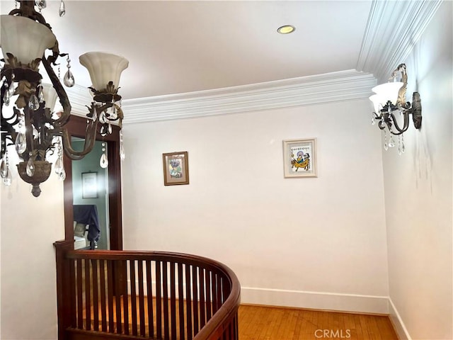 867 S Bronson Ave, Los Angeles, CA 90005 - hall with crown molding, baseboards, wood finished floors, and recessed lighting