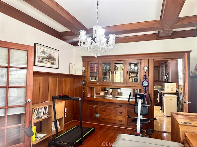 867 S Bronson Ave, Los Angeles, CA 90005 - office space featuring coffered ceiling, beam ceiling, a chandelier, wood finished floors, and wainscoting