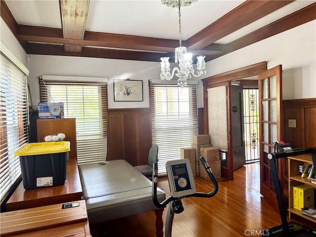 867 S Bronson Ave, Los Angeles, CA 90005 - home office featuring beam ceiling, wainscoting, a chandelier, wood finished floors, and coffered ceiling