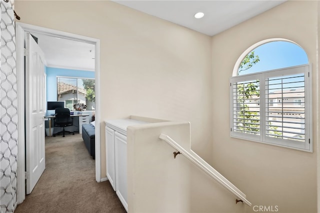 2348 Sunningdale Dr, Tustin, CA 92782 - corridor with carpet, a desk, an upstairs landing, and recessed lighting