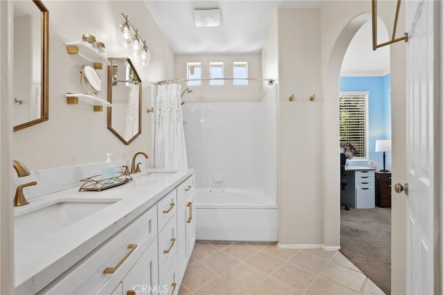 2348 Sunningdale Dr, Tustin, CA 92782 - bathroom featuring double vanity, shower / bath combo, plenty of natural light, and tile patterned flooring