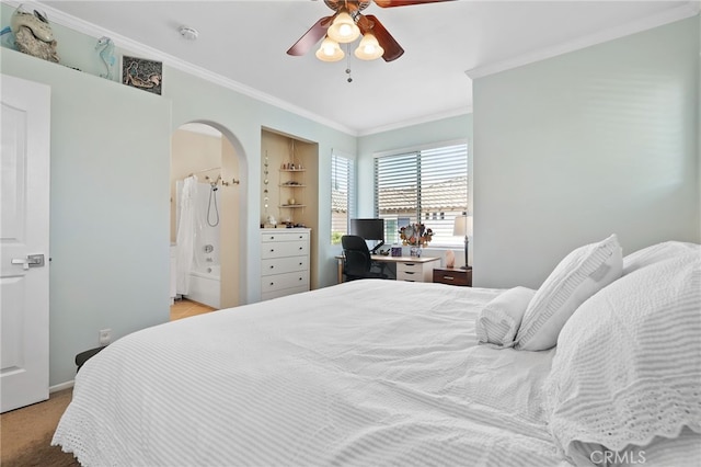 2348 Sunningdale Dr, Tustin, CA 92782 - bedroom featuring crown molding, arched walkways, ceiling fan, carpet flooring, and ensuite bath