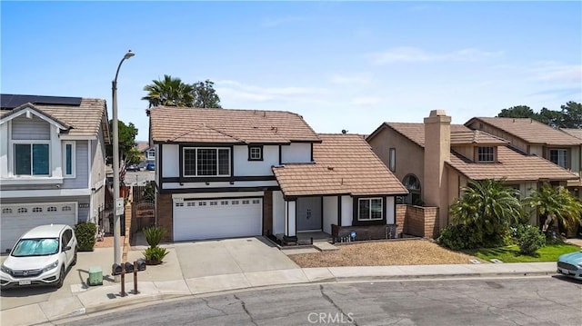 7059 Potenza Pl, Rancho Cucamonga, CA 91701 - tudor-style house featuring an attached garage, a tiled roof, stucco siding, driveway, and a chimney
