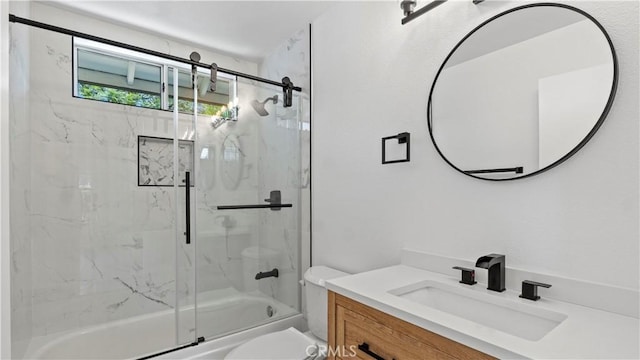 7059 Potenza Pl, Rancho Cucamonga, CA 91701 - bathroom with toilet, shower / bath combination with glass door, and vanity