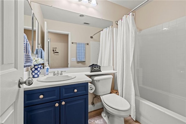 28436 Calex Dr, Valencia, CA 91354 - bathroom with toilet, vanity, shower / bath combo, and wood finished floors