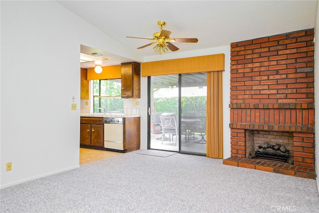 751 Santa Fe Ct, San Dimas, CA 91773 - unfurnished living room featuring light carpet, a ceiling fan, a brick fireplace, baseboards, and a textured ceiling