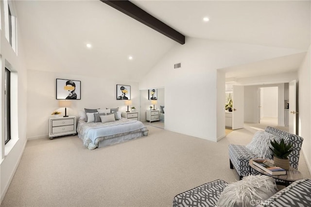 5622 Revere Ave, Rancho Cucamonga, CA 91737 - bedroom featuring high vaulted ceiling, beam ceiling, light colored carpet, and recessed lighting