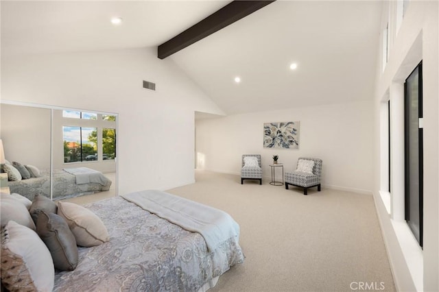 5622 Revere Ave, Rancho Cucamonga, CA 91737 - carpeted bedroom featuring beam ceiling, high vaulted ceiling, and recessed lighting