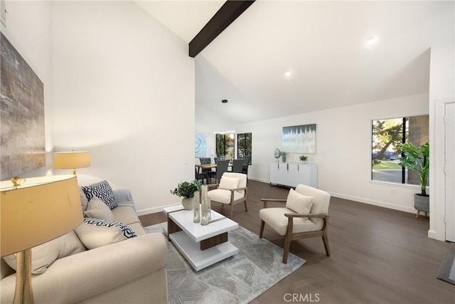 5622 Revere Ave, Rancho Cucamonga, CA 91737 - living area featuring high vaulted ceiling, dark wood-style flooring, and beamed ceiling