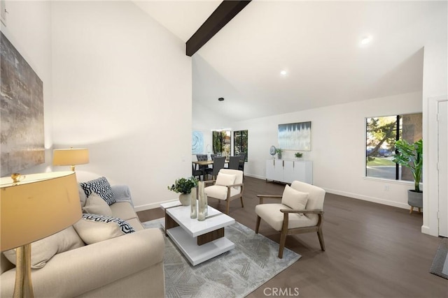 5622 Revere Ave, Rancho Cucamonga, CA 91737 - living area with high vaulted ceiling, dark wood-style floors, beamed ceiling, and recessed lighting