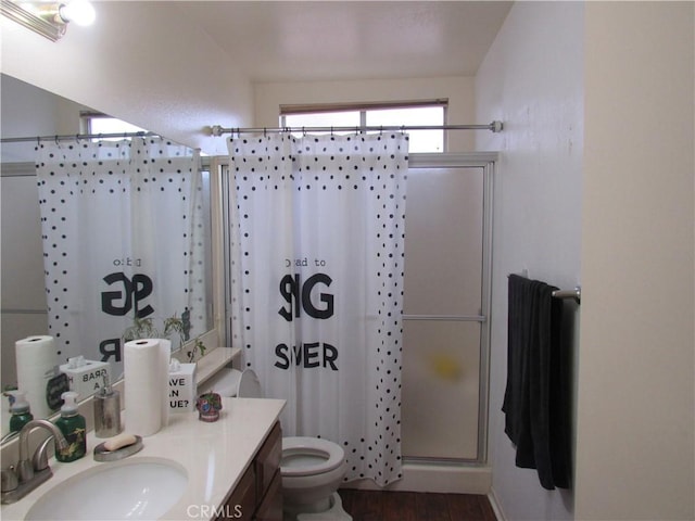 26250 Spaniel Ln, Menifee, CA 92586 - bathroom featuring a shower with curtain, toilet, vanity, and wood finished floors