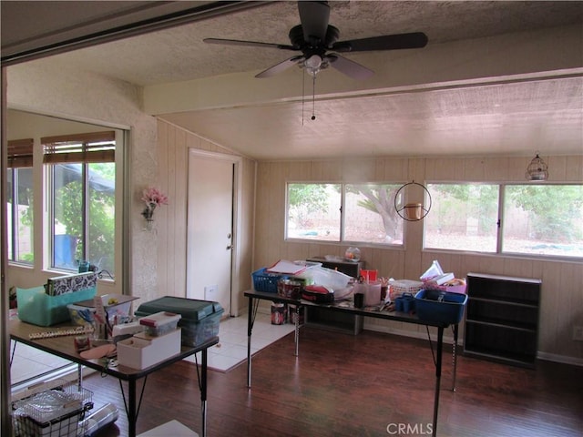 26250 Spaniel Ln, Menifee, CA 92586 - living room with wood finished floors, a ceiling fan, and wooden walls