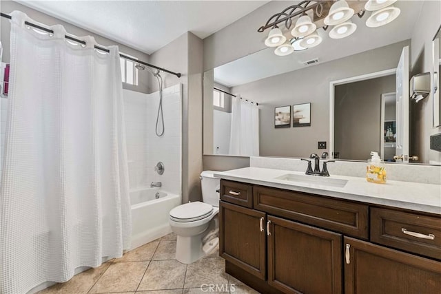 3582 Cedar Ridge Ln, Corona, CA 92881 - full bathroom with vanity, shower / tub combo with curtain, toilet, and tile patterned floors