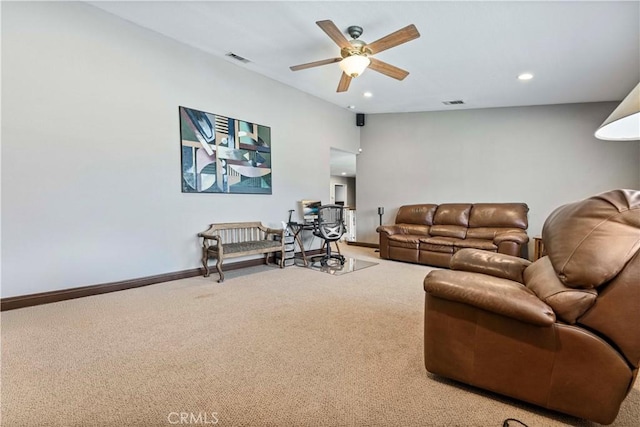 3582 Cedar Ridge Ln, Corona, CA 92881 - living room featuring carpet, a ceiling fan, baseboards, and recessed lighting