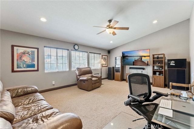 3582 Cedar Ridge Ln, Corona, CA 92881 - carpeted office featuring a ceiling fan, baseboards, lofted ceiling, and recessed lighting