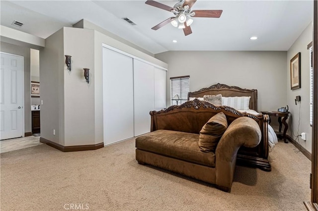 3582 Cedar Ridge Ln, Corona, CA 92881 - bedroom featuring light colored carpet, a closet, recessed lighting, baseboards, and vaulted ceiling