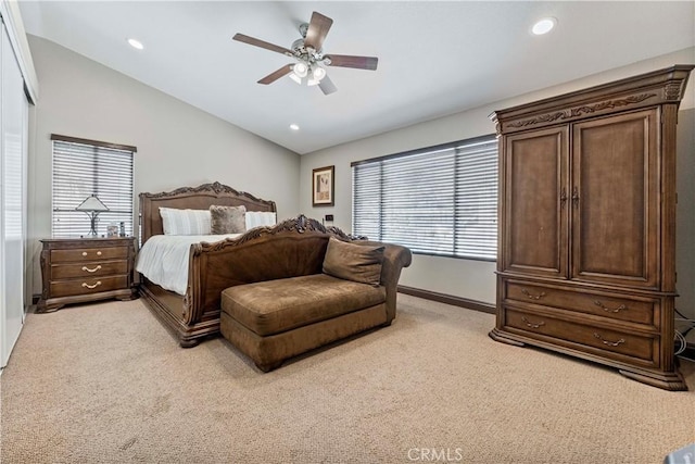 3582 Cedar Ridge Ln, Corona, CA 92881 - bedroom with light carpet, lofted ceiling, recessed lighting, baseboards, and a ceiling fan